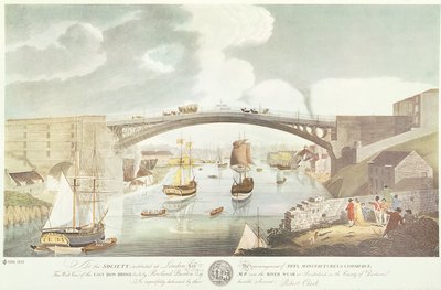 West view of the cast iron bridge built by Rowland Burdon Esq., MP, over the River Wear at Sunderland (hand coloured engraving) by English School